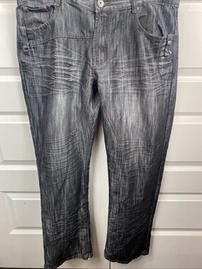 Y2K FUSAI Jeans Distressed Gray Black Denim Pockets Relax Straight 36x31.5 Baggy